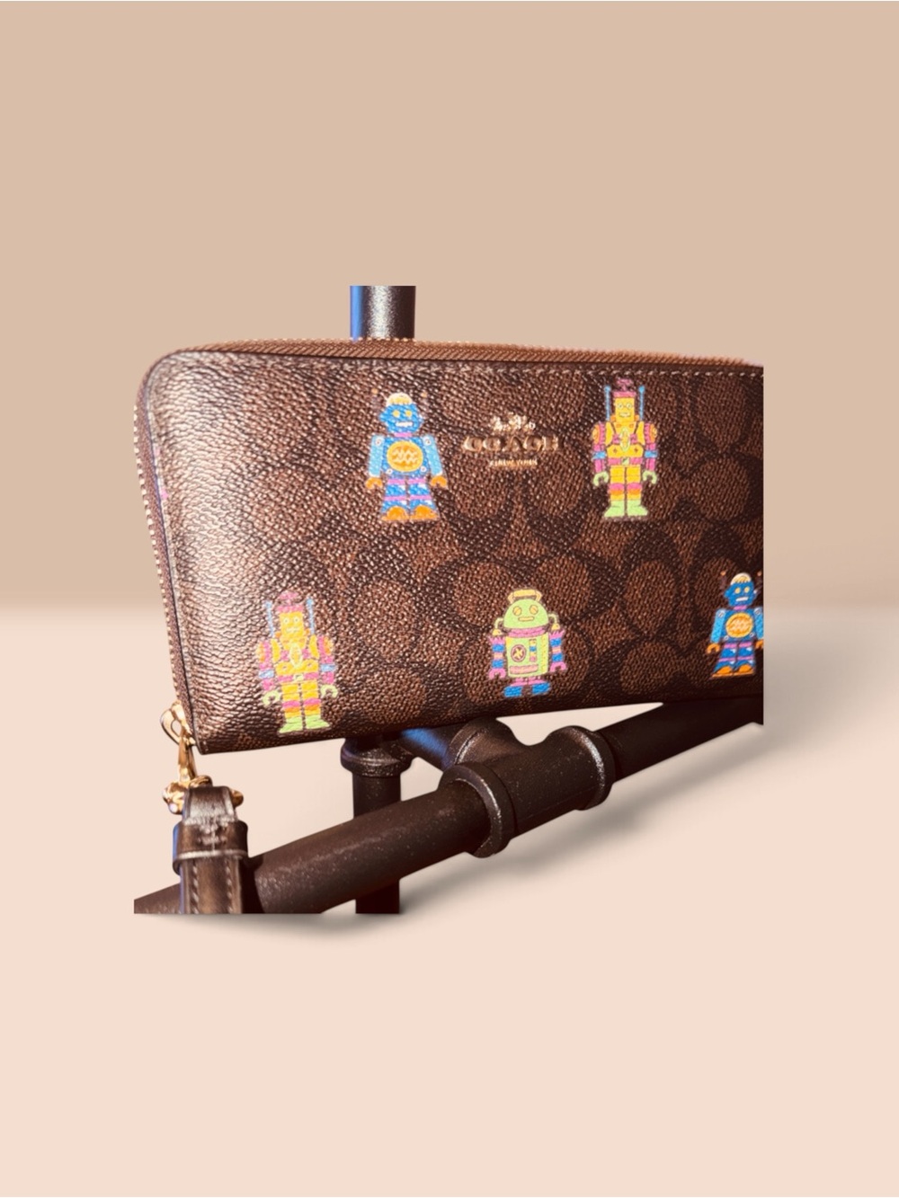 Coach Brown Signature Zip Wristlet with Multicolor Robot Motif